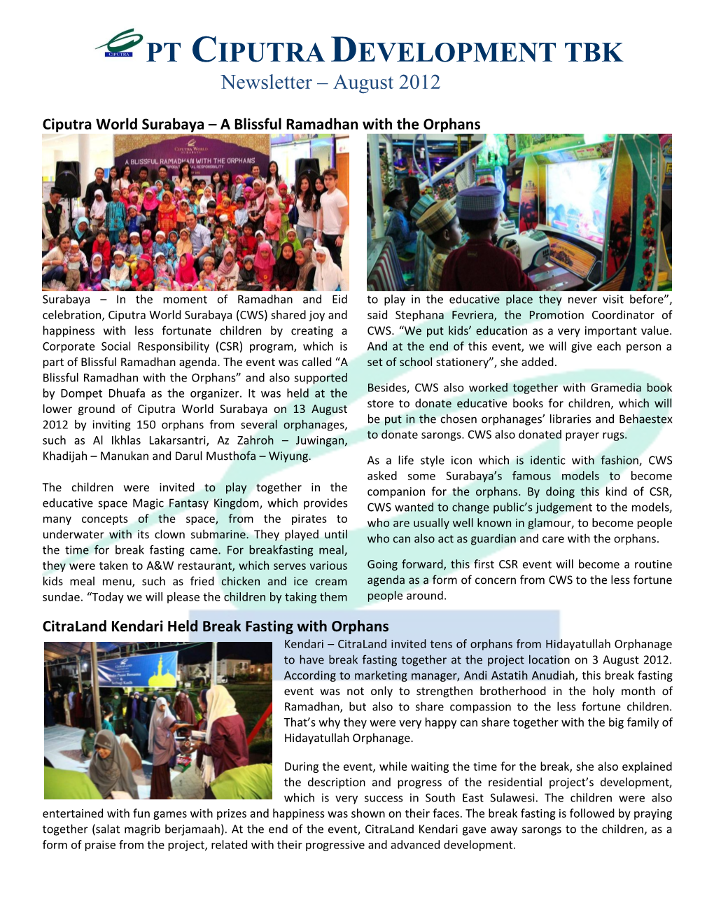 PT CIPUTRA DEVELOPMENT TBK Newsletter – August 2012