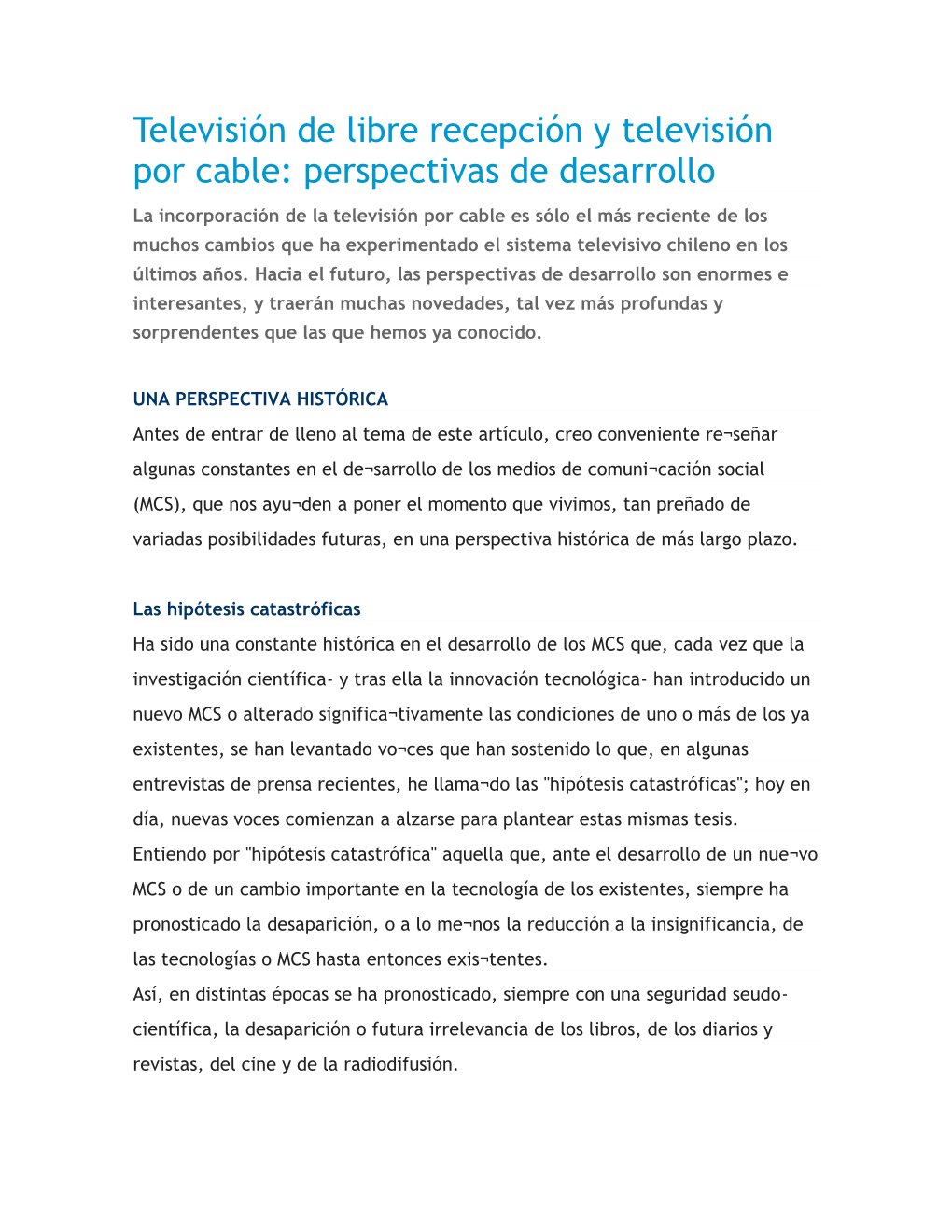 Televisión De Libre Recepción Y Televisión Por Cable