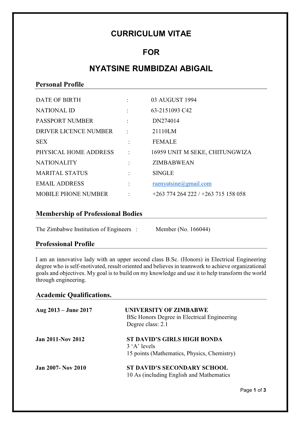 Curriculum Vitae for Nyatsine Rumbidzai Abigail