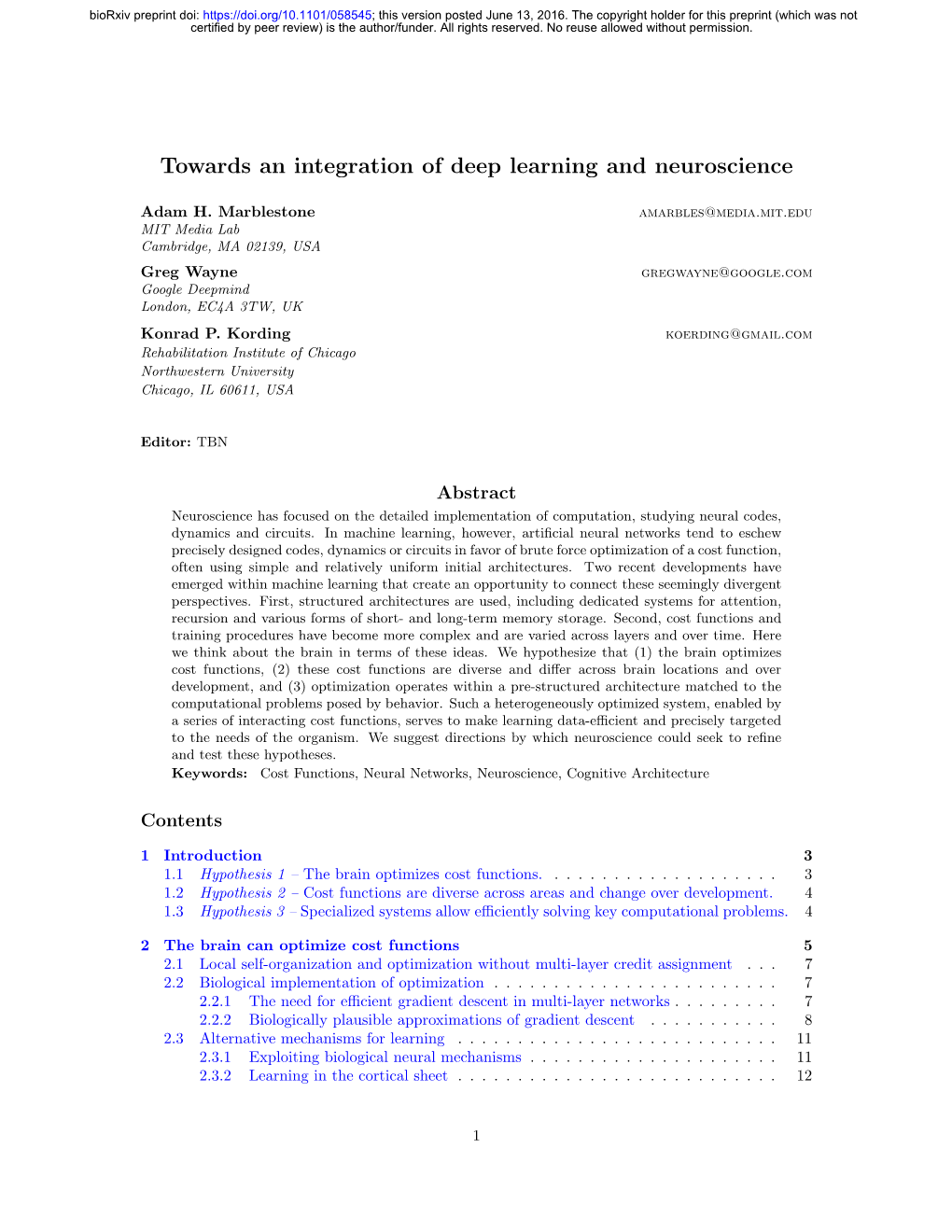 Towards an Integration of Deep Learning and Neuroscience