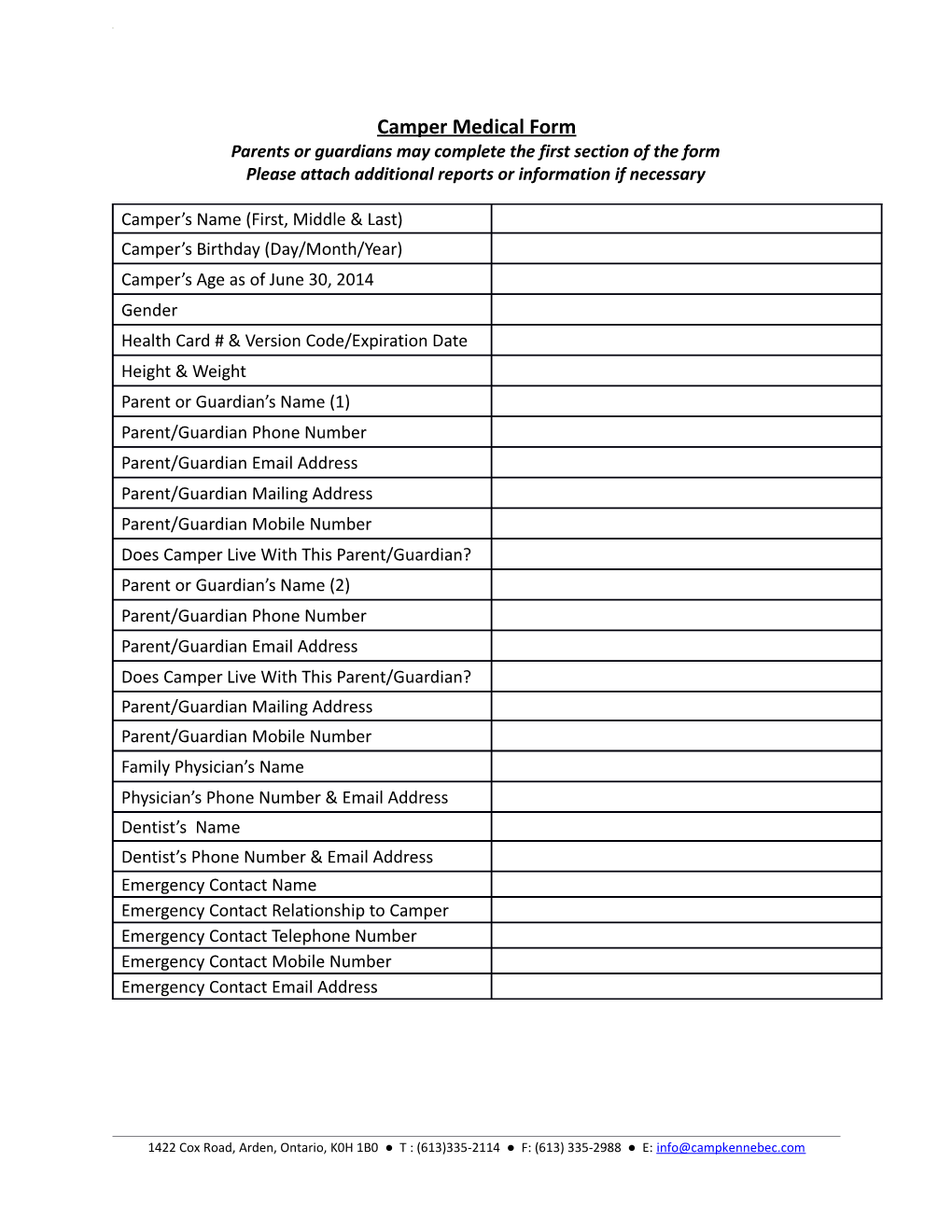 Camper Medical Form