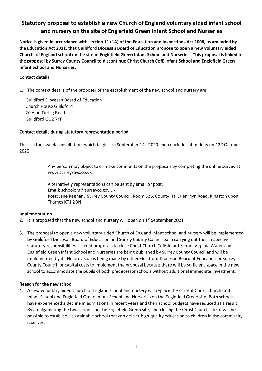 Statutory Proposal to Establish a New Church of England Voluntary Aided Infant School and Nursery on the Site of Englefield Green Infant School and Nurseries