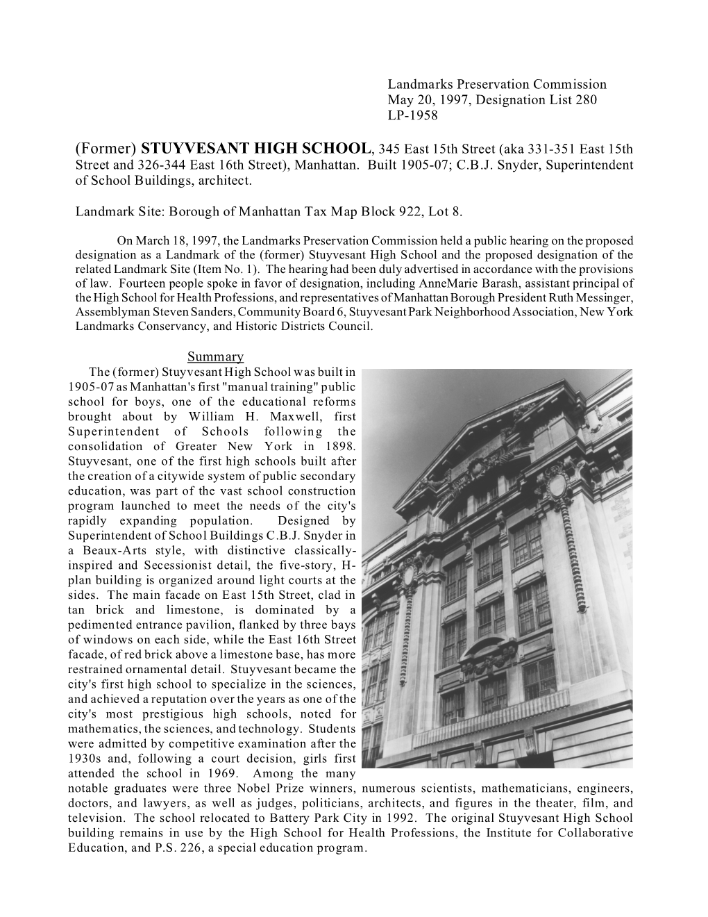 (Former) Stuyvesant High School Designation Report