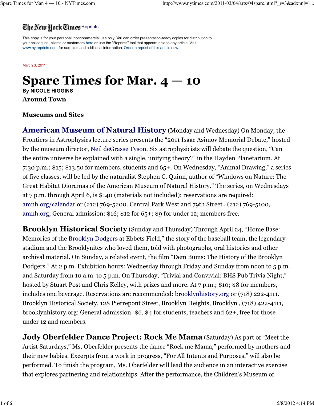 Spare Times for Mar. 4 — 10 - Nytimes.Com