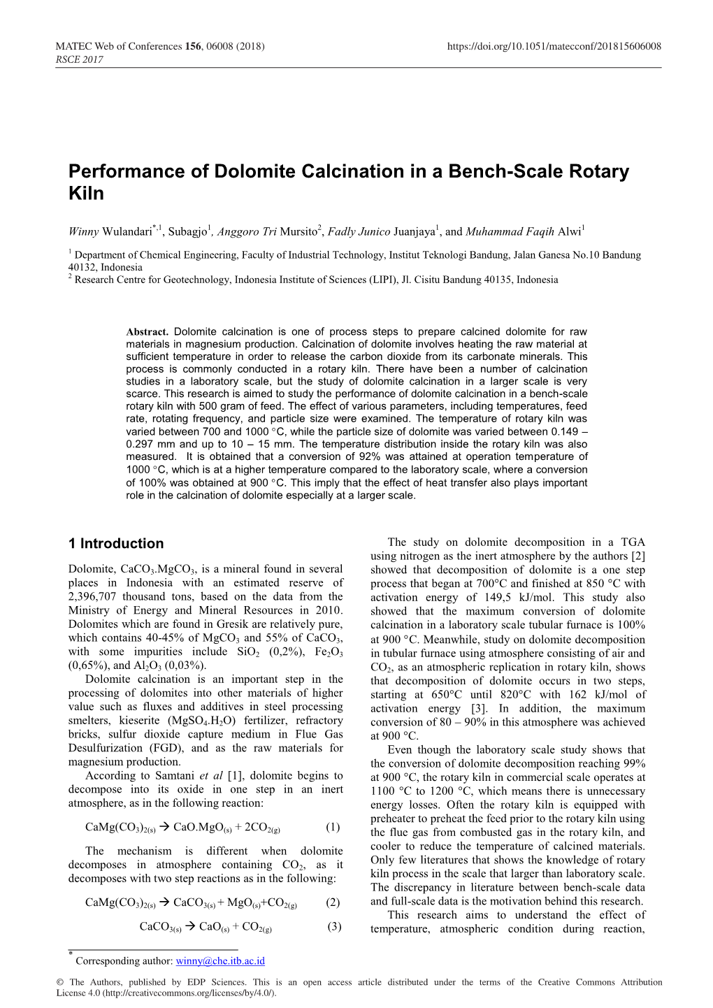 Performance of Dolomite Calcination in a Bench-Scale Rotary Kiln