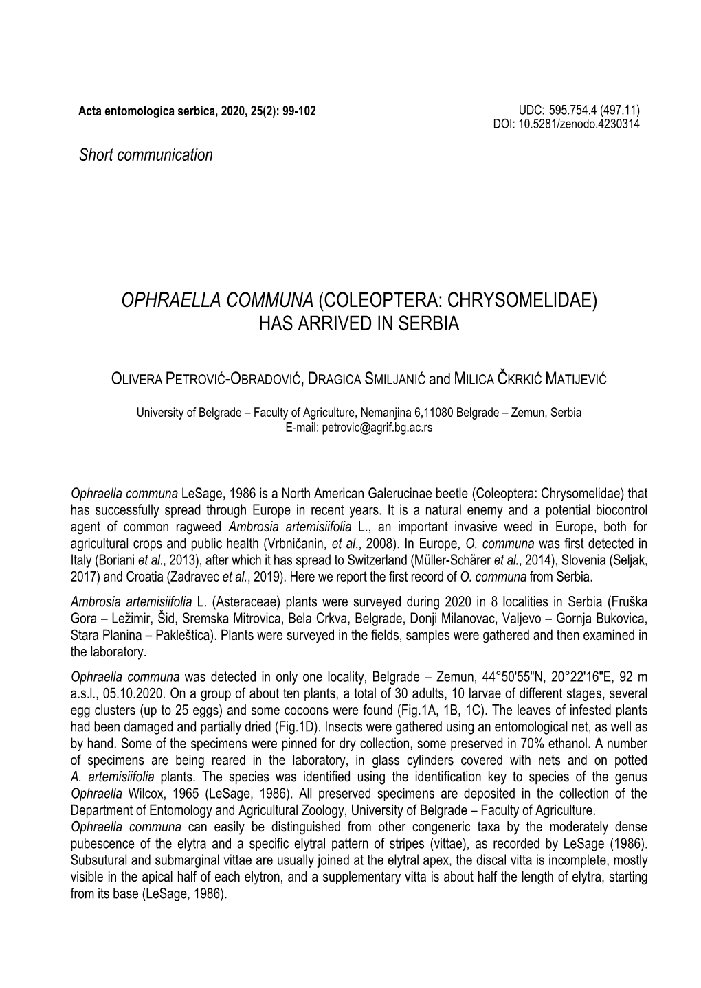 Ophraella Communa (Coleoptera: Chrysomelidae) Has Arrived in Serbia