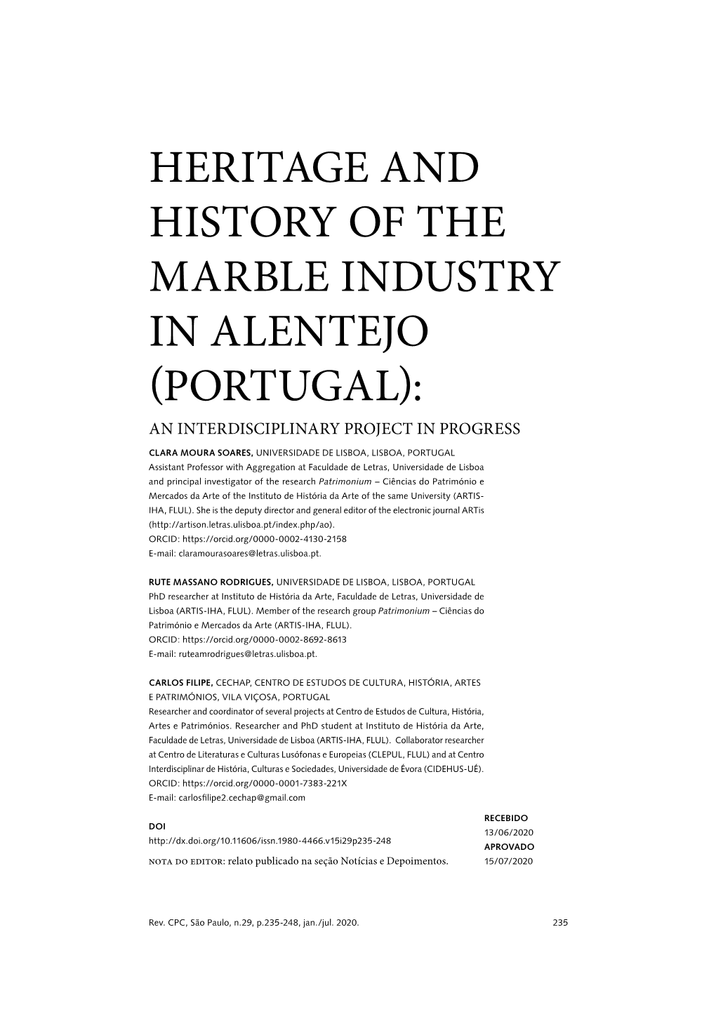 Heritage and History of the Marble Industry in Alentejo (Portugal): an Interdisciplinary Project in Progress