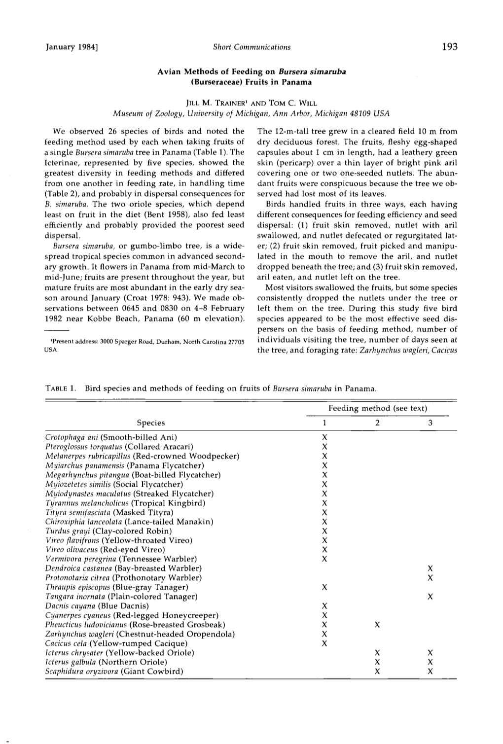 Avian Methods of Feeding on Bursera Simaruba (Burseraceae) Fruits In