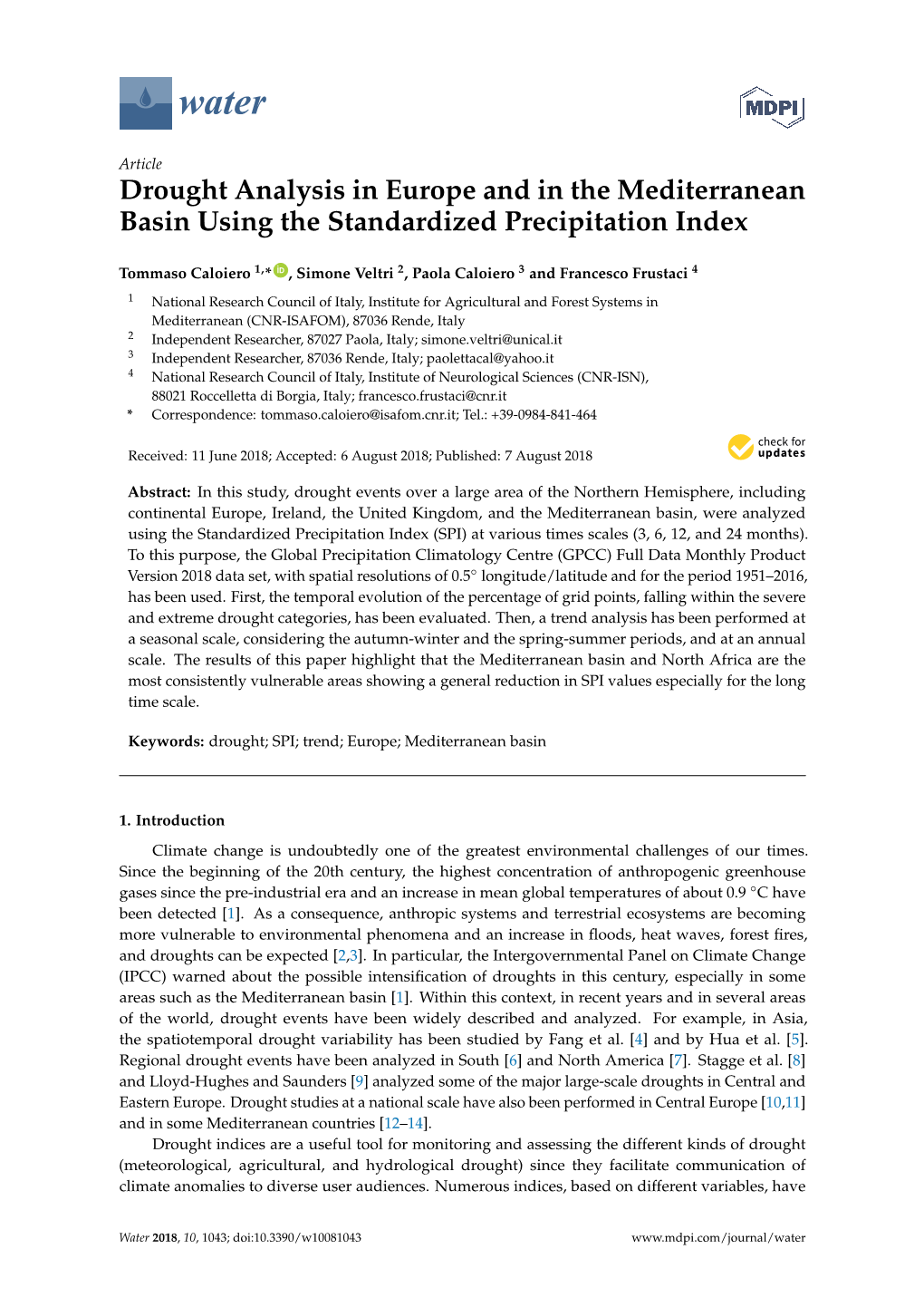 Drought Analysis in Europe and in the Mediterranean Basin Using the Standardized Precipitation Index