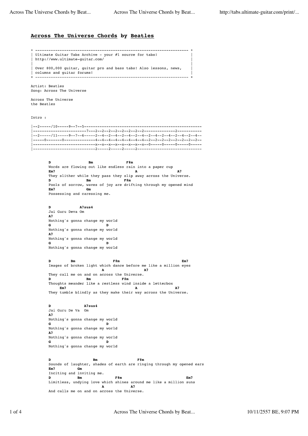 Across the Universe Chords by Beatles Tabs @ Ultimate Guitar