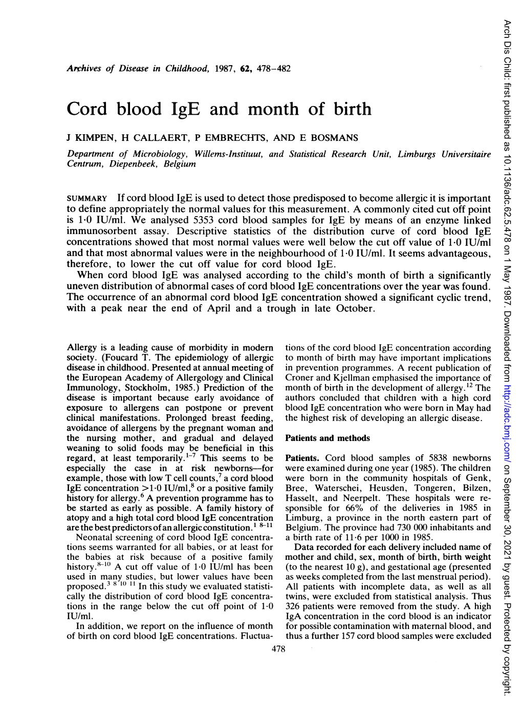 Cord Blood Ige and Month of Birth