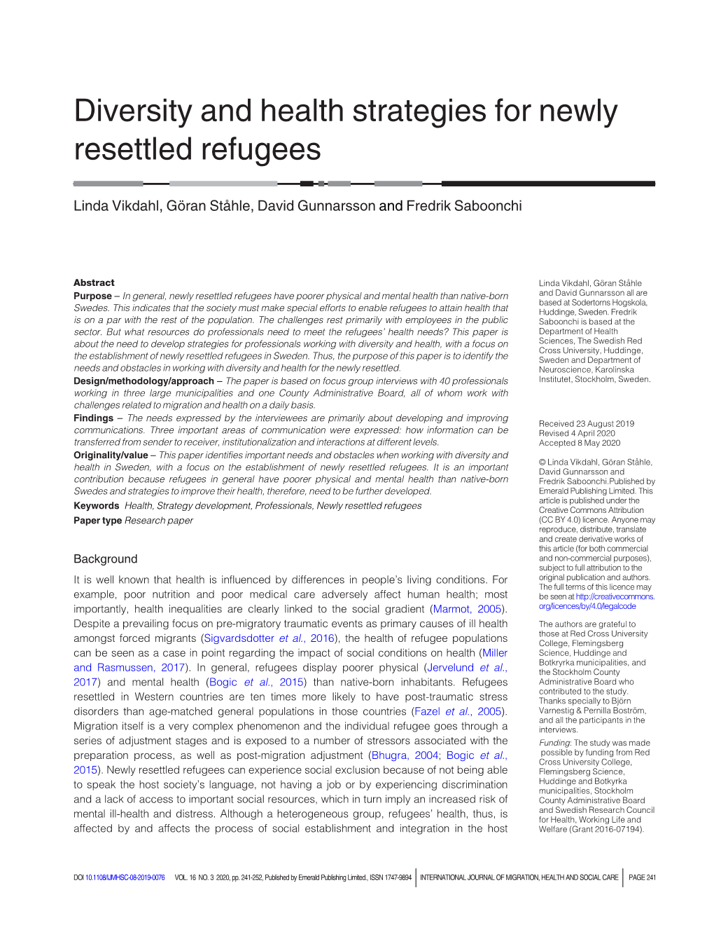 Diversity and Health Strategies for Newly Resettled Refugees