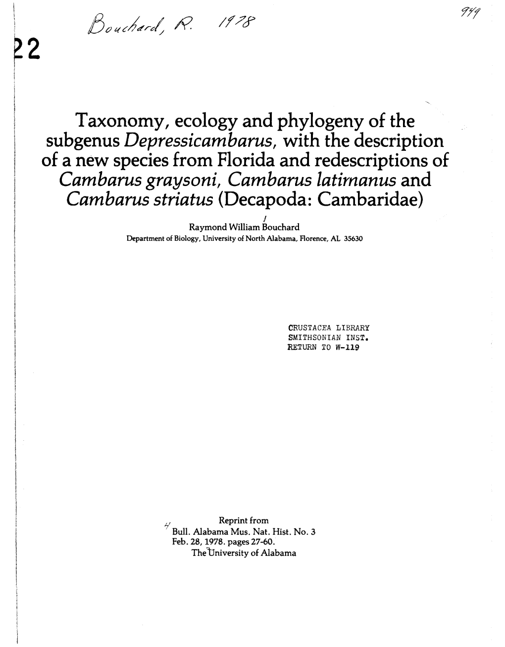 Taxonomy, Ecology and Phylogeny of the Subgenus Depressicambarus, with the Description of a New Species from Florida and Redescr