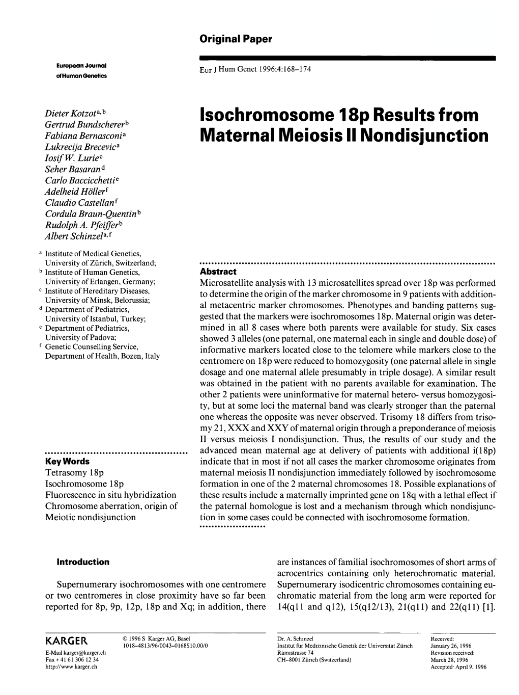 Isochromosome 18P Results from Maternal Meiosis II Nondisjunction