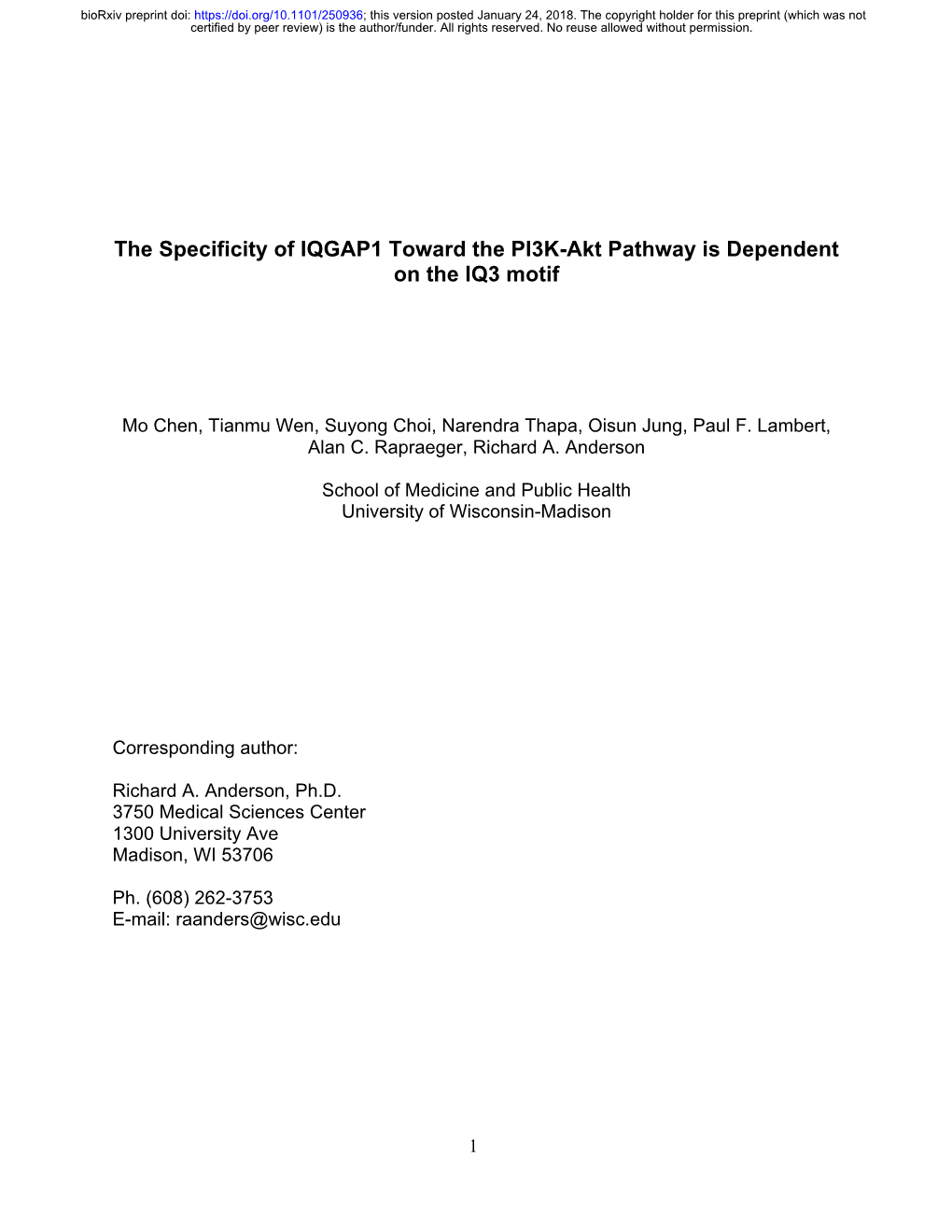 The Specificity of IQGAP1 Toward the PI3K-Akt Pathway Is Dependent on the IQ3 Motif