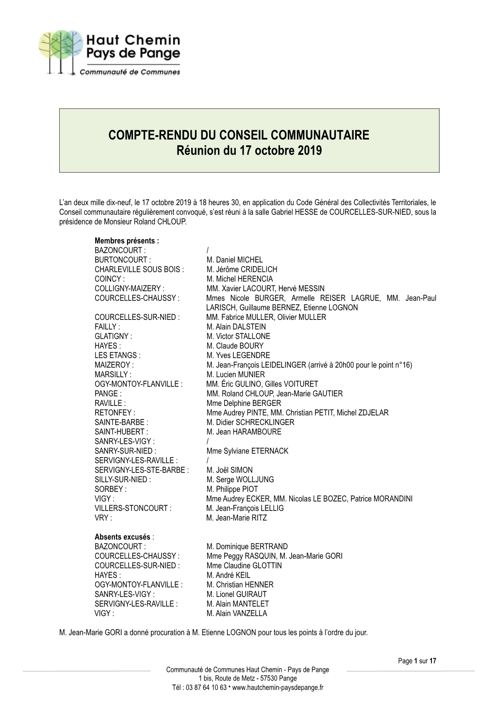 COMPTE-RENDU DU CONSEIL COMMUNAUTAIRE Réunion Du 17 Octobre 2019