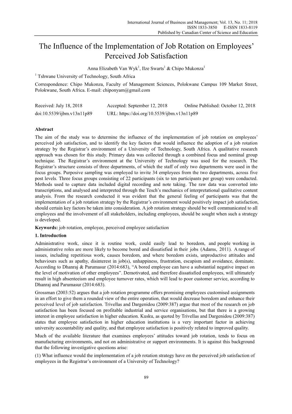 The Influence of the Implementation of Job Rotation on Employees’ Perceived Job Satisfaction