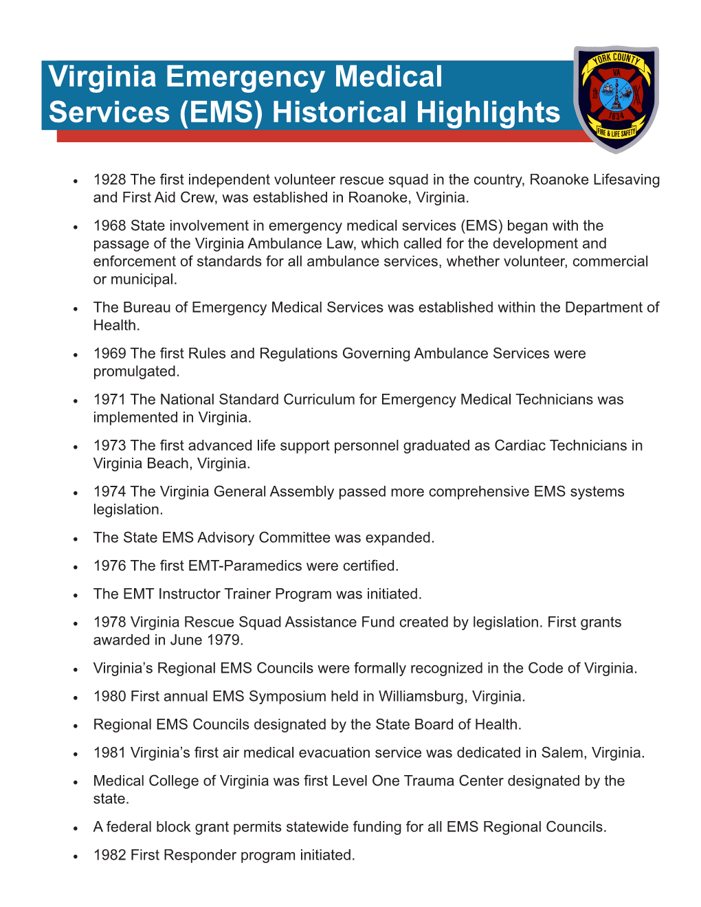 Virginia Emergency Medical Services Historical Highlights