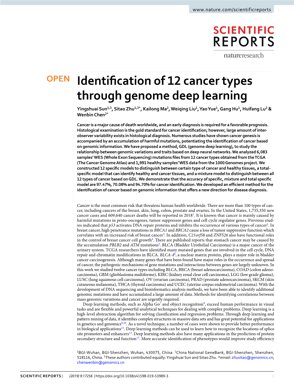 Identification of 12 Cancer Types Through Genome Deep