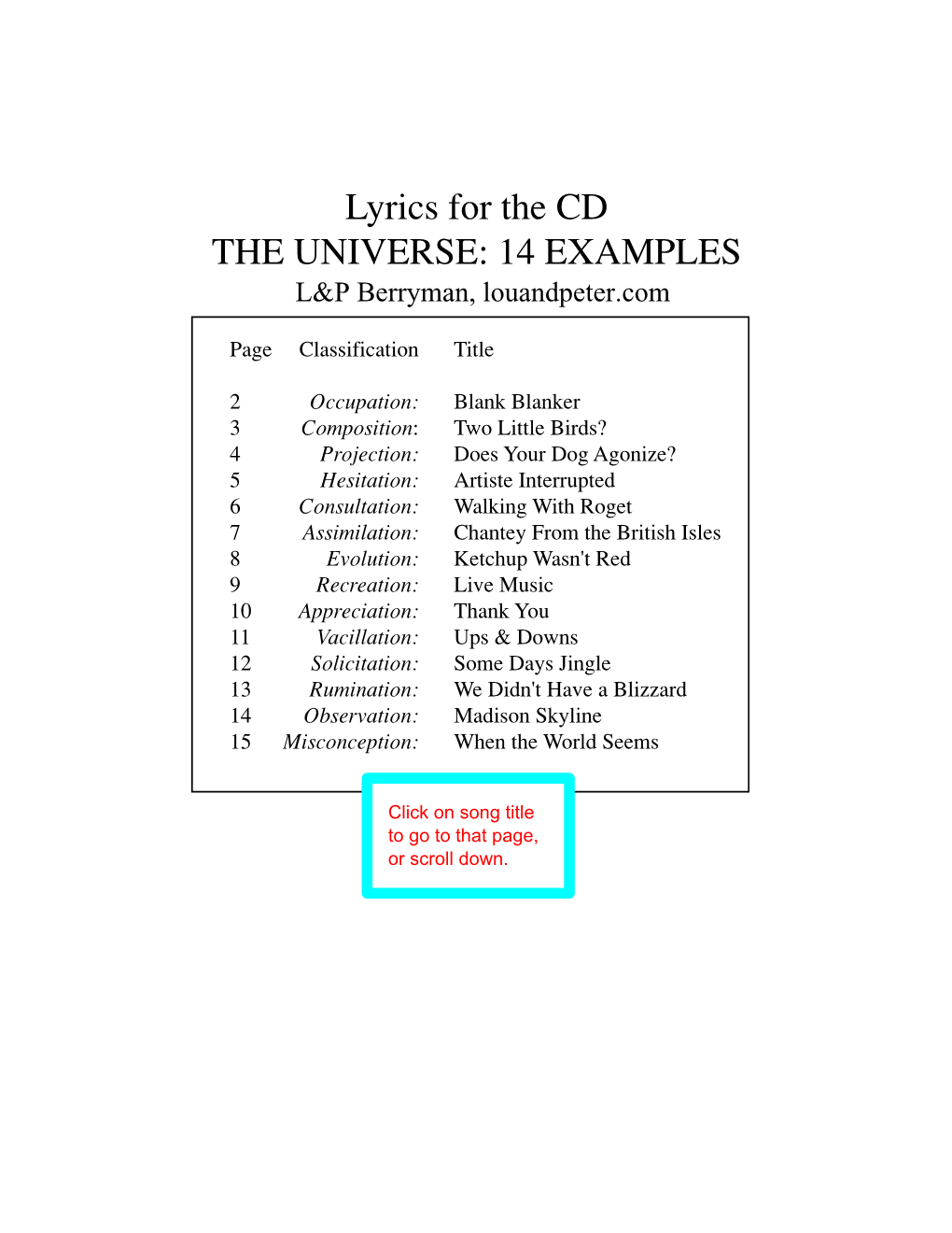 Cd Lyrics the Universe 14 Examples