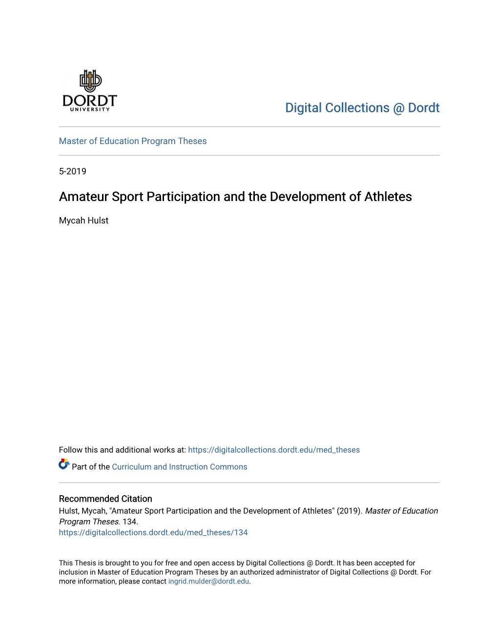 Amateur Sport Participation and the Development of Athletes