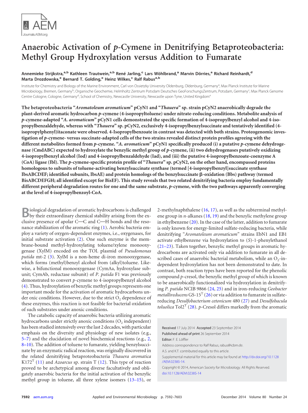 Anaerobic Activation of P-Cymene in Denitrifying Betaproteobacteria: Methyl Group Hydroxylation Versus Addition to Fumarate