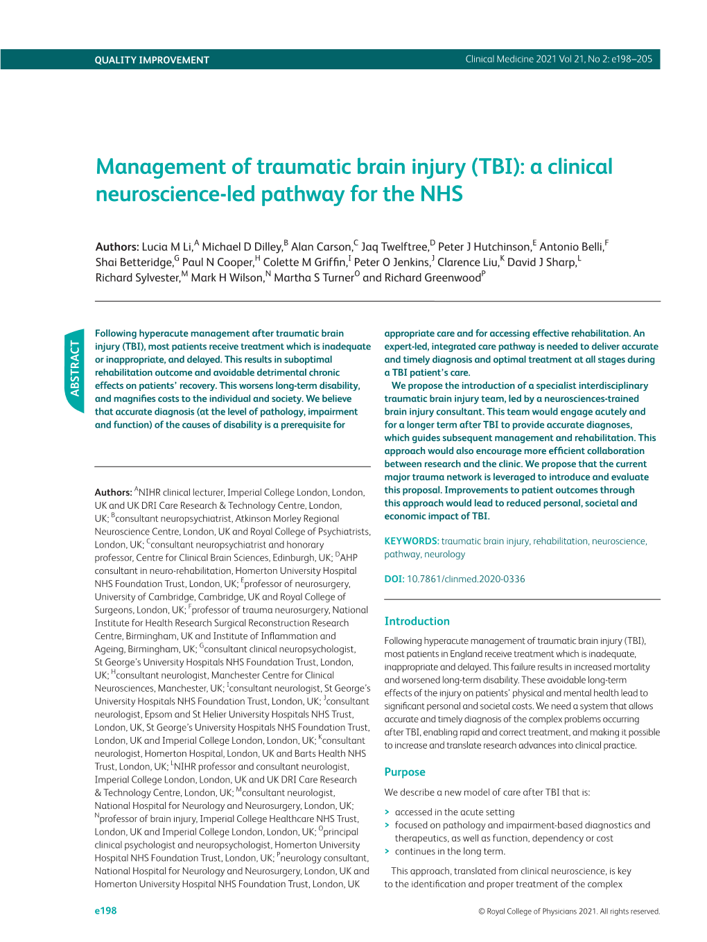 Management of Traumatic Brain Injury (TBI): a Clinical Neuroscience-Led Pathway for the NHS