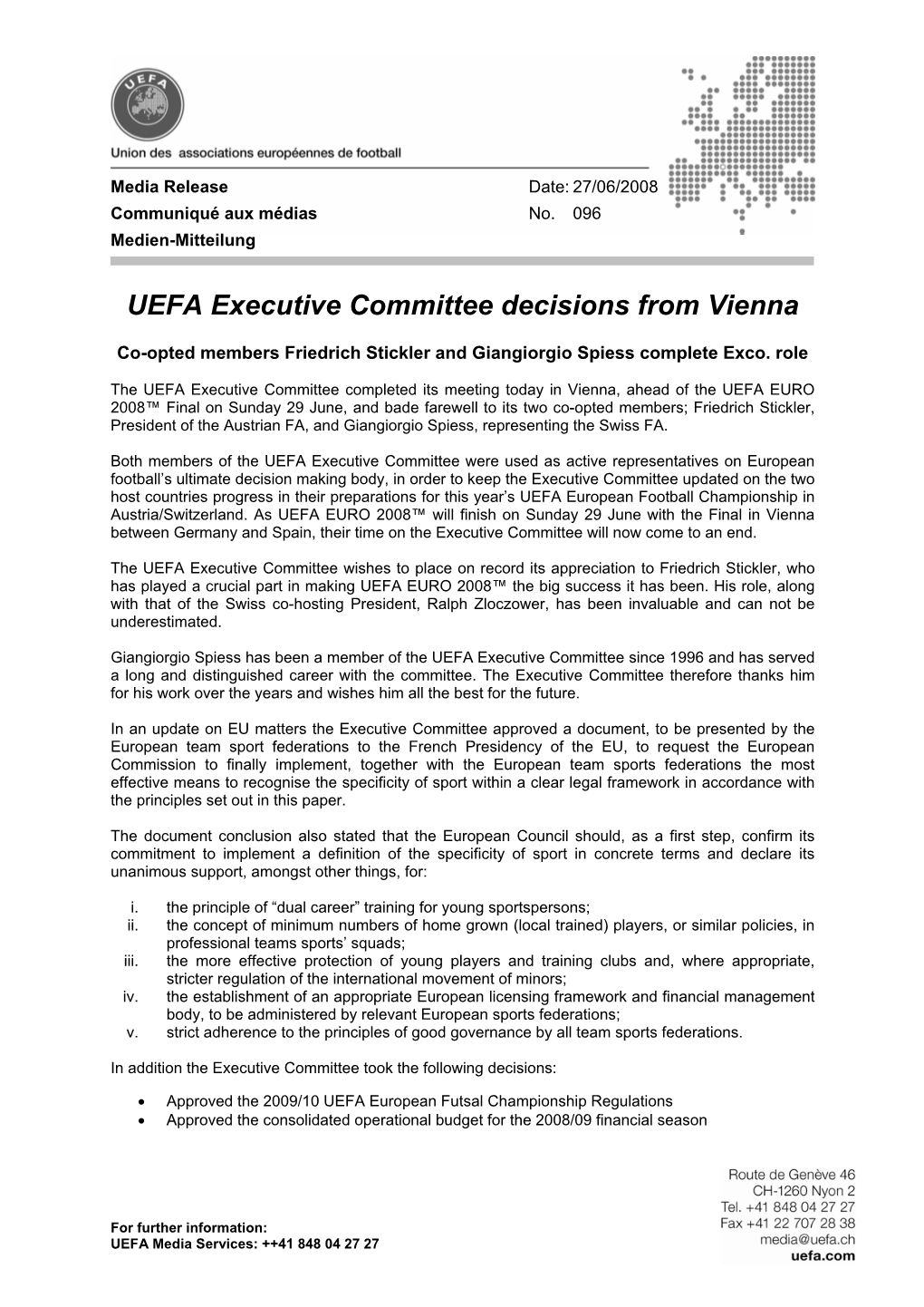 096: UEFA Executive Committee Decisions from Vienna
