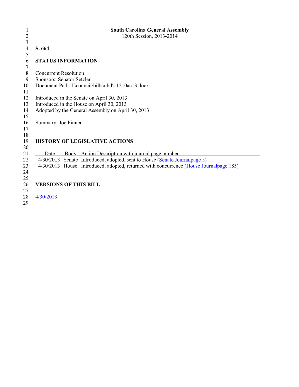 2013-2014 Bill 664: Joe Pinner - South Carolina Legislature Online