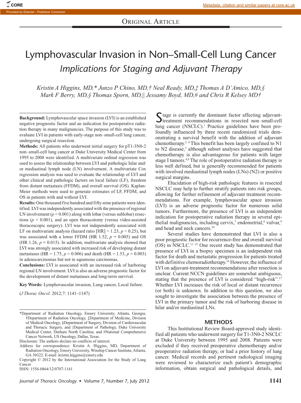 Lymphovascular Invasion in Non–Small-Cell Lung Cancer Implications for Staging and Adjuvant Therapy
