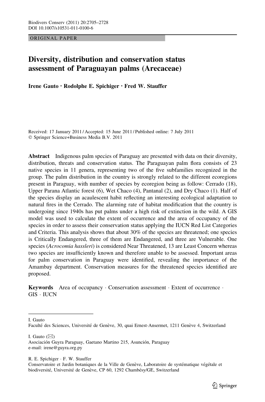 Diversity, Distribution and Conservation Status Assessment of Paraguayan Palms (Arecaceae)