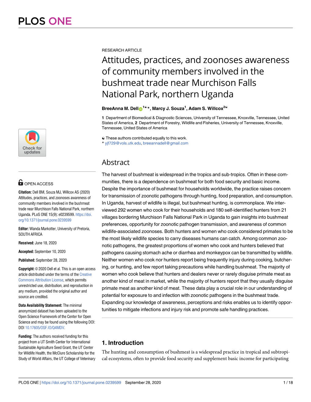 Attitudes, Practices, and Zoonoses Awareness of Community Members Involved in the Bushmeat Trade Near Murchison Falls National Park, Northern Uganda