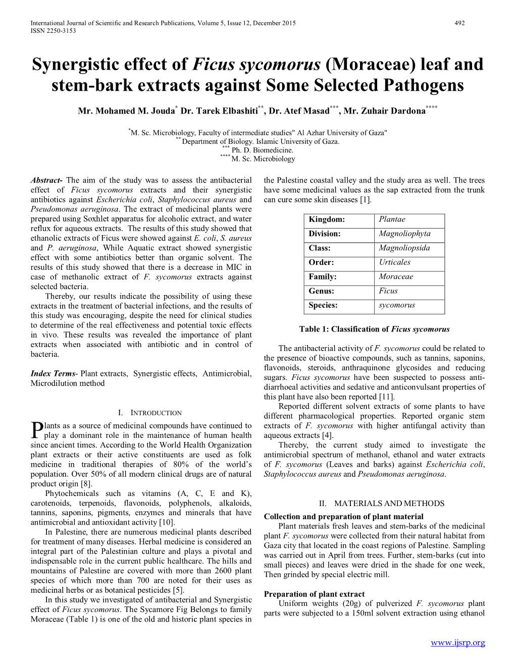 Synergistic Effect of Ficus Sycomorus (Moraceae) Leaf and Stem-Bark Extracts Against Some Selected Pathogens