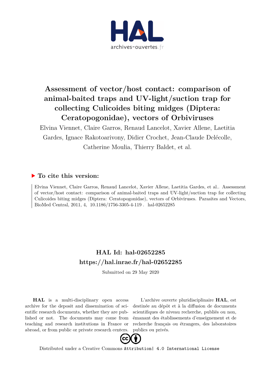 Comparison of Animal-Baited Traps and UV-Light/Suction Trap