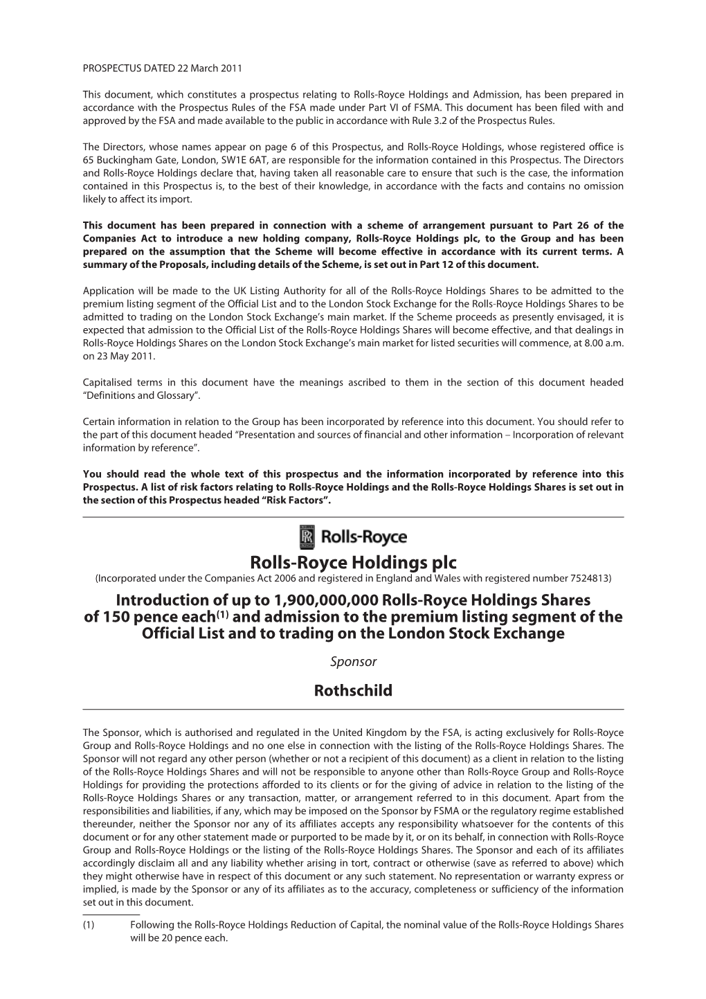 Rolls-Royce Holdings and Admission, Has Been Prepared in Accordance with the Prospectus Rules of the FSA Made Under Part VI of FSMA