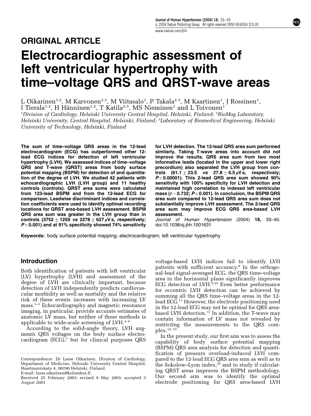 Electrocardiographic Assessment of Left Ventricular Hypertrophy with Time–Voltage QRS and QRST-Wave Areas
