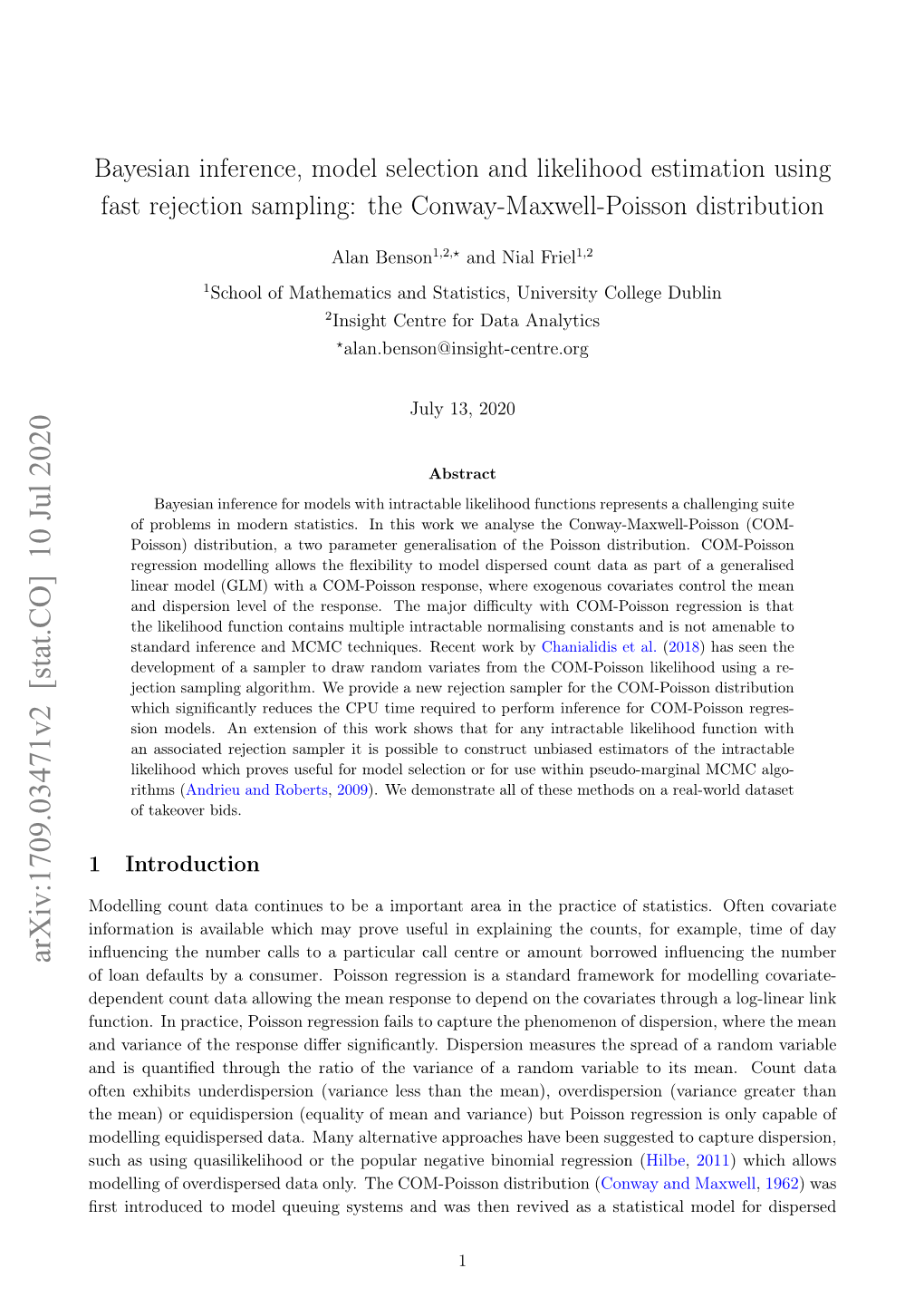 Bayesian Inference, Model Selection and Likelihood Estimation Using Fast Rejection Sampling: the Conway-Maxwell-Poisson Distribution