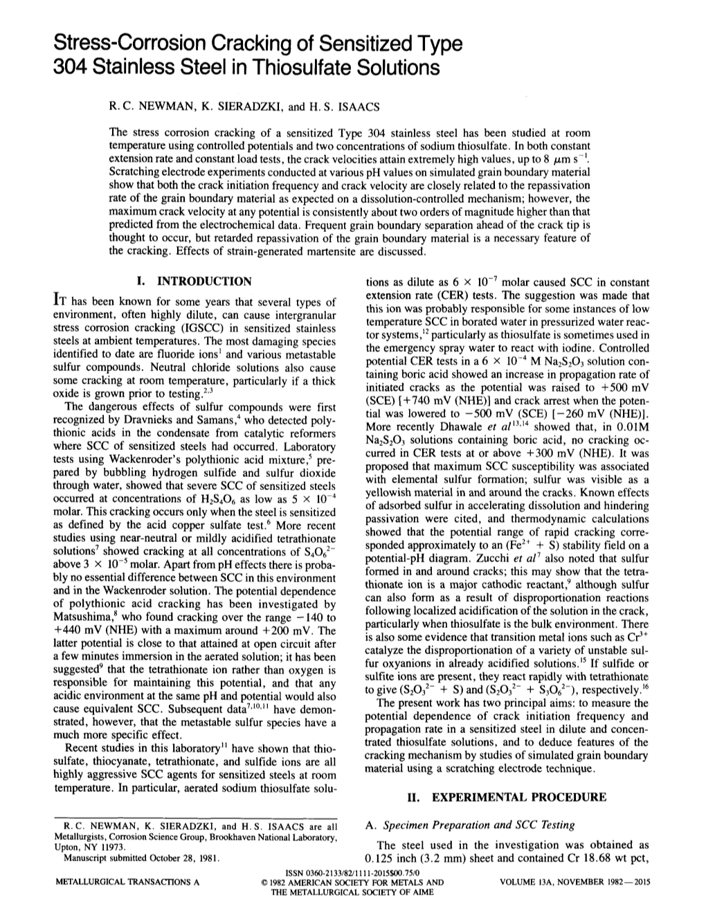 Stress-Corrosion Cracking of Sensitized Type 304 Stainless Steel in Thiosulfate Solutions