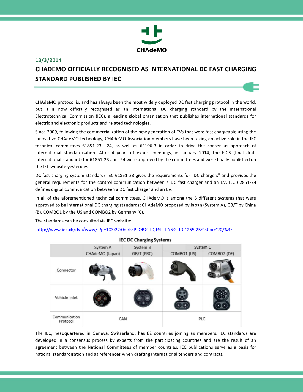 Chademo Officially Recognised As International Dc Fast Charging Standard Published by Iec
