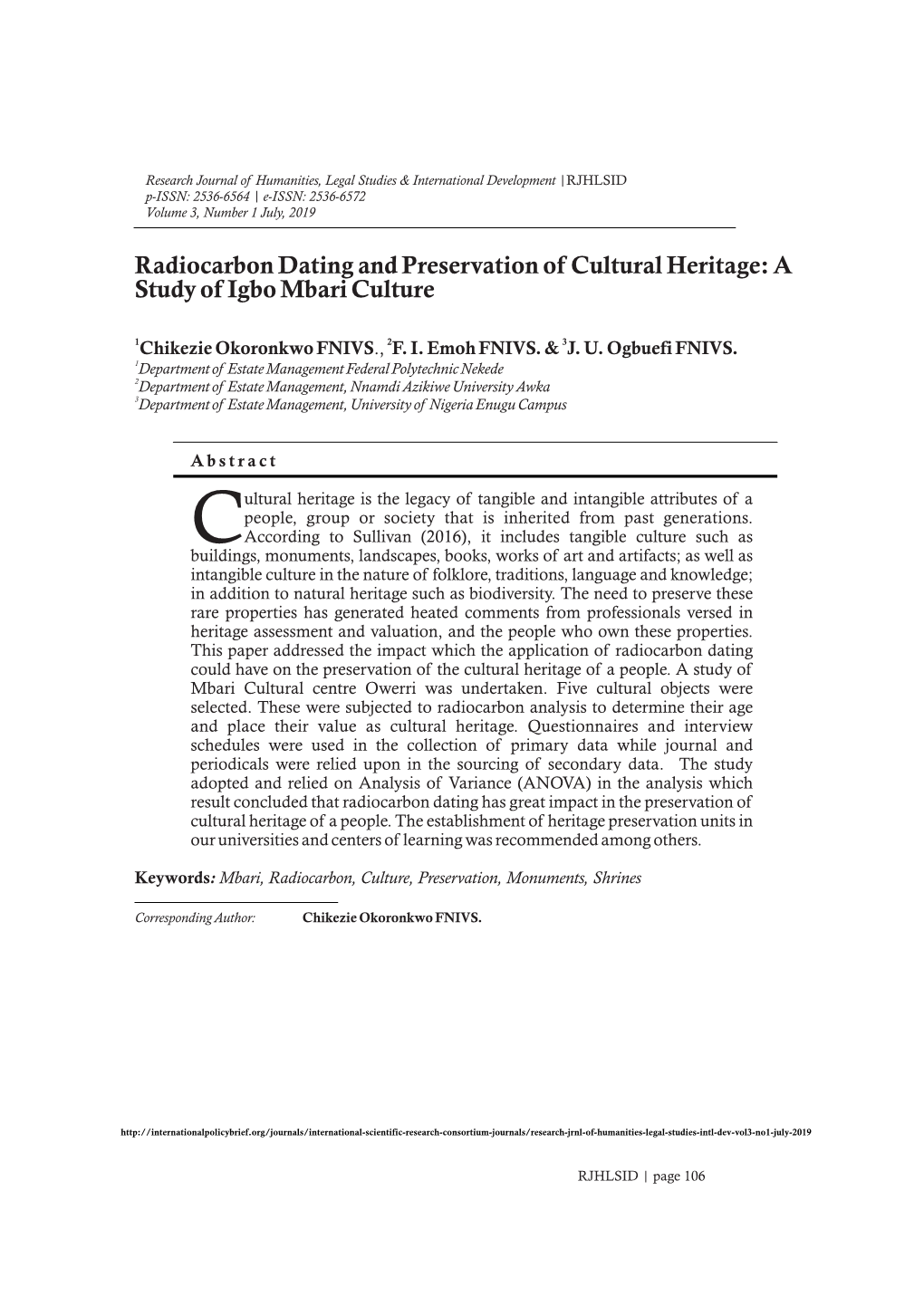 Radiocarbon Dating and Preservation of Cultural Heritage: a Study of Igbo Mbari Culture