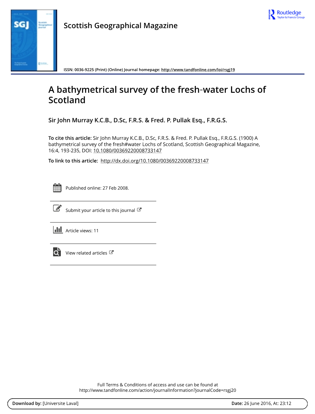 A Bathymetrical Survey of the Fresh‐Water Lochs of Scotland