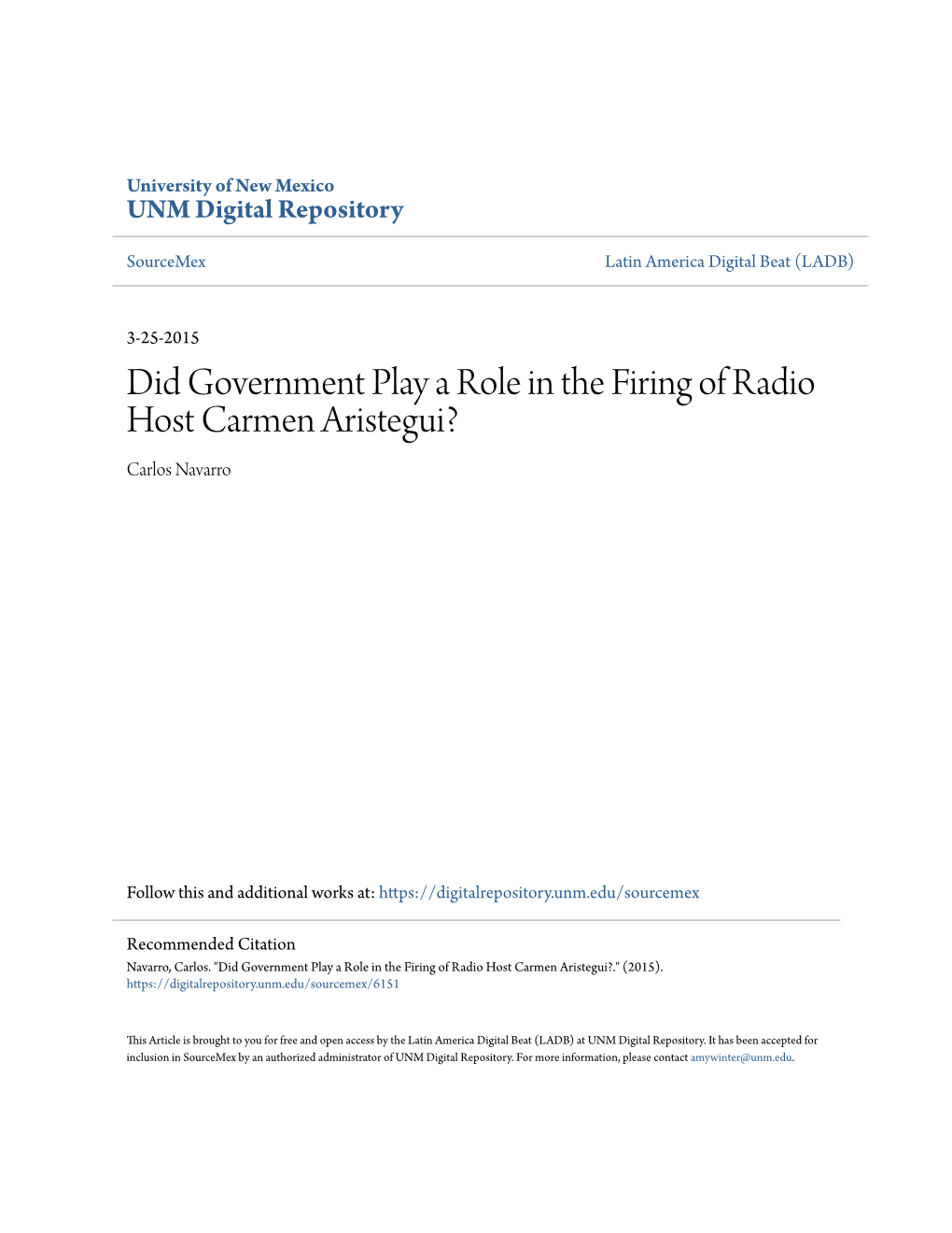 Did Government Play a Role in the Firing of Radio Host Carmen Aristegui? Carlos Navarro