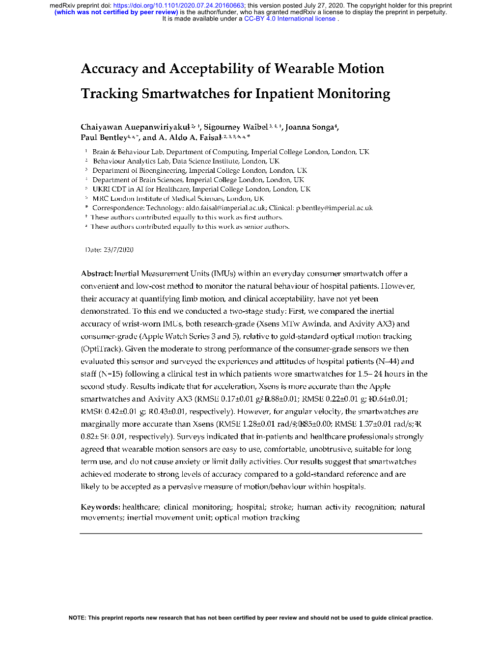 Accuracy and Acceptability of Wearable Motion Tracking Smartwatches for Inpatient Monitoring