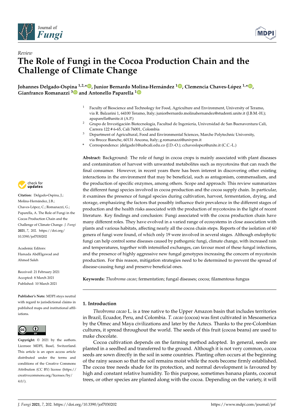 The Role of Fungi in the Cocoa Production Chain and the Challenge of Climate Change