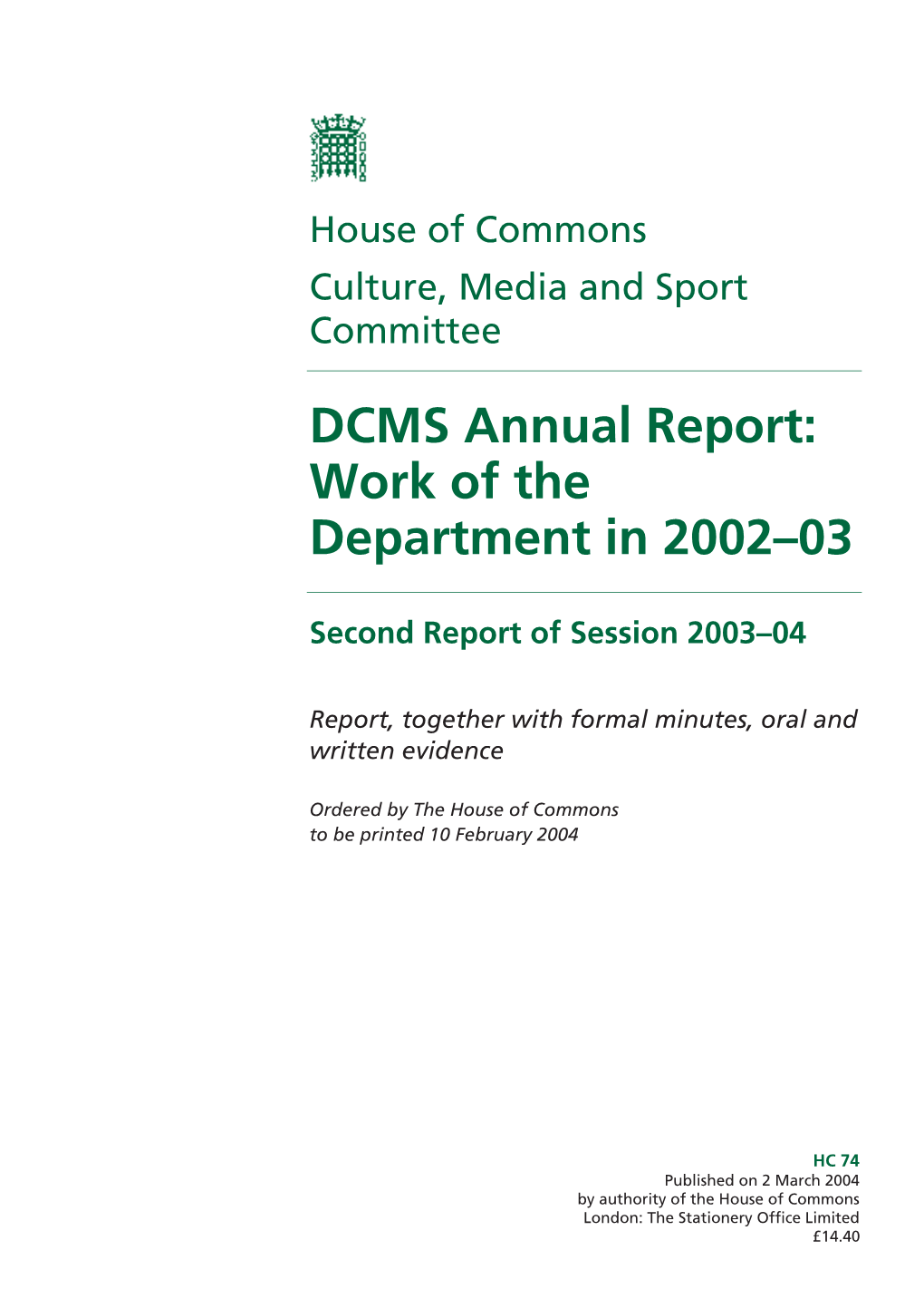 DCMS Annual Report: Work of the Department in 2002–03