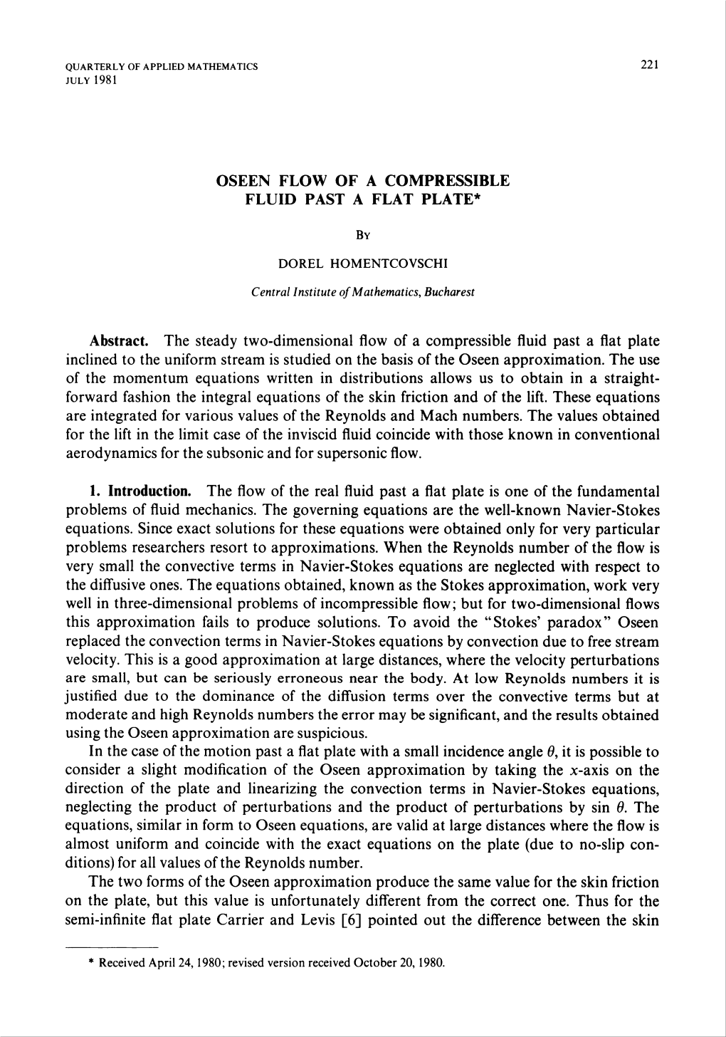 Oseen Flow of a Compressible Fluid Past a Flat Plate*