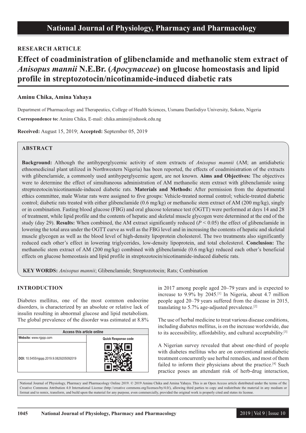 Effect of Coadministration of Glibenclamide and Methanolic Stem Extract of Anisopus Mannii N.E.Br