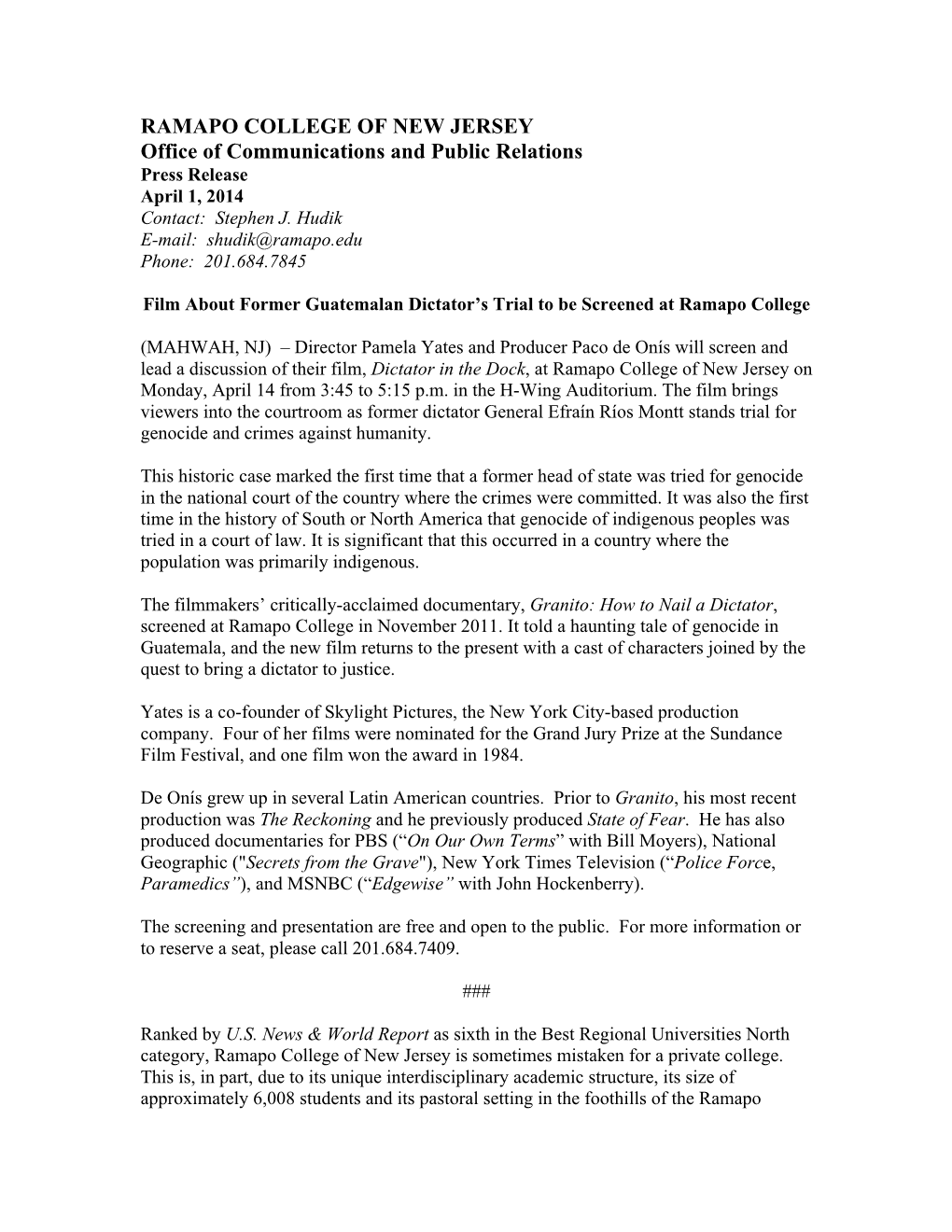 RAMAPO COLLEGE of NEW JERSEY Office of Communications and Public Relations Press Release April 1, 2014 Contact: Stephen J