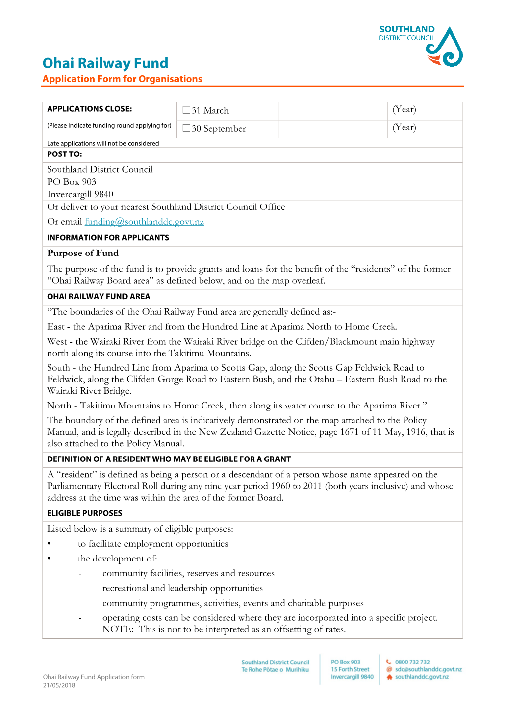 Ohai Railway Fund Application Form for Organisations