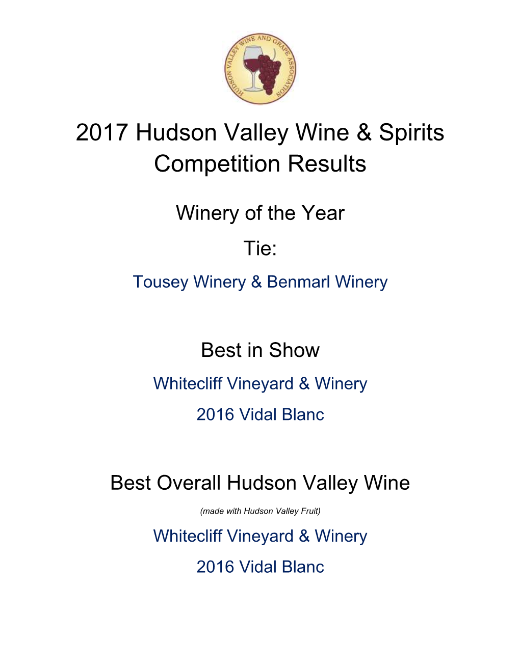 2017 Hudson Valley Wine & Spirits Competition Results